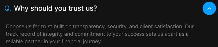 Graphic with question 'Why should you trust us?' followed by the answer highlighting trust through transparency, security, and client satisfaction on a financial services website